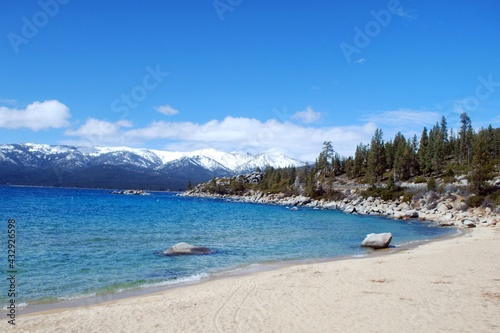 A Winter morning look along the beach of Lake Tahoe Placer County California.