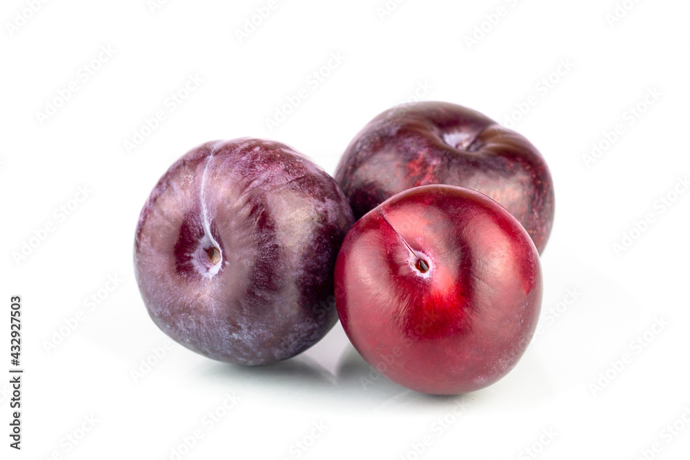 Plums. Ripe natural and organic plums isolated on white background. Purple cherry plums. Part of set.