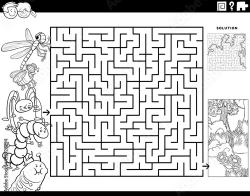 maze game with insects and meadow coloring book page