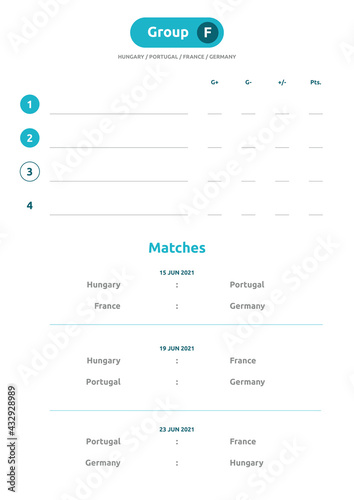European football 2020 tournament. Group A, B, C, D, E, F vector stock illustration. 2020 European soccer tournament. The table to be printed and completed