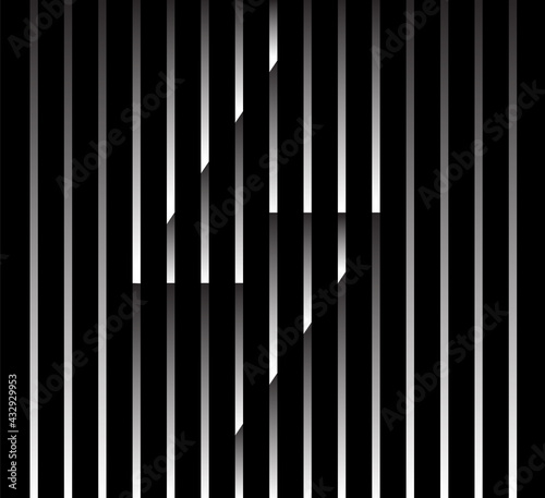 Abstract unusual lightning sign logo on geometric black and white gradient stripes background. Luxury stripe pattern. Vector seamless fabric texture.