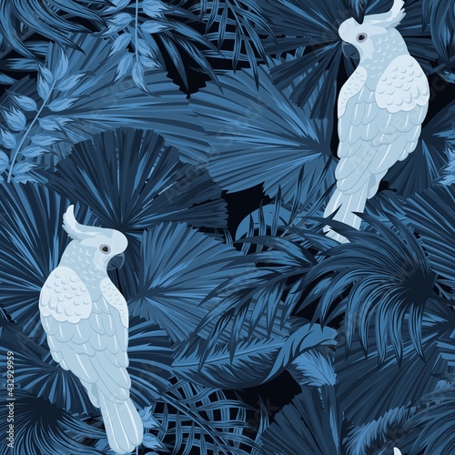 Tropical vintage palm leaves, banana leaves, cockatoo parrot, seamless pattern black background. Exotic jungle wallpaper.