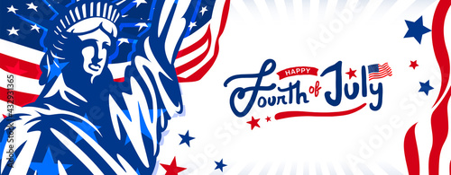 Happy 4th of July custom hand-lettering design with star and USA flag on the trendy USA waving flag and statue of liberty background.
