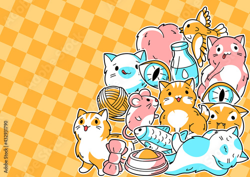 Background with cute kawaii cats. Fun animal illustration.