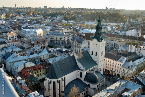 view of the houses of the city of Lviv from the height of the building of the City Hall in the afternoon