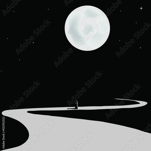 A woman walks a lonely road under an oversize moon.