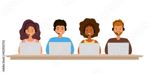 Hotline workers with headsets. Vector illustration of call center concept. Young men and women sitting at the table at laptop.