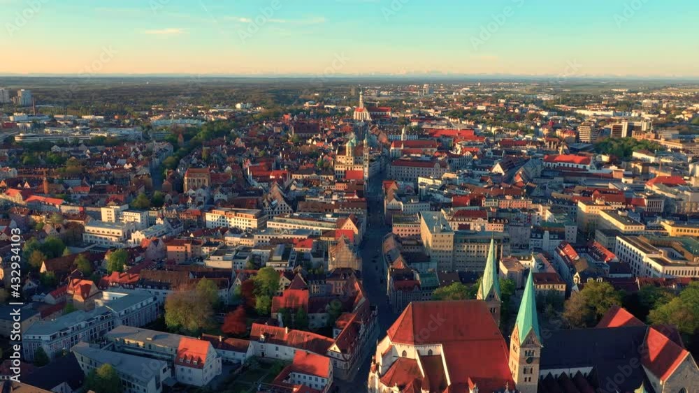 Drone flying through Augsburg city center. Cathedral, Ratskeller, St. Ulrich Church.
