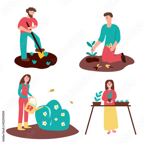 Set of gardening people - man with shovel, man planting tree, woman watering bush, woman replanting seedling in pots. Vector illustration for web, banners, flyers, posters, prints, etc © Olga Filimonova