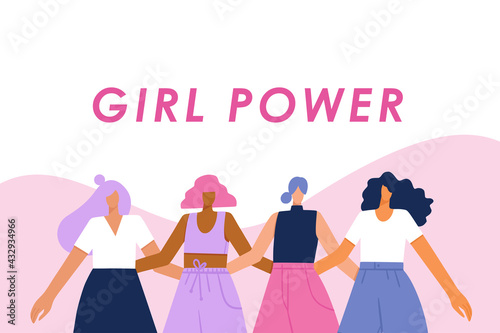 Group of diverse young modern women standing together. Girl power concept banner with slogan. Hand drawn colorful vector illustration.