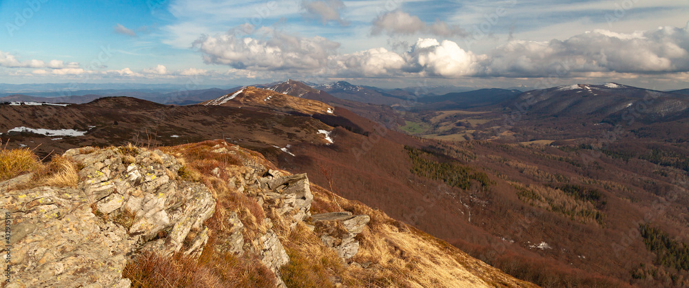 Wide view of the hills on early spring, Bieszczady Mountains, Poland