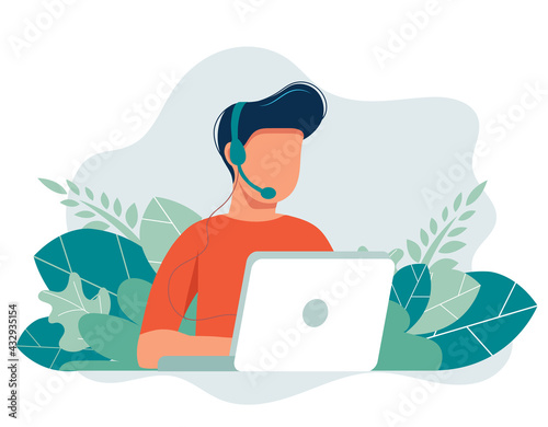 Online assistant landing page. Man with headphones with computer. Concept illustration for support, assistance, call center. Technical support. Virtual help service. Vector illustration in flat.