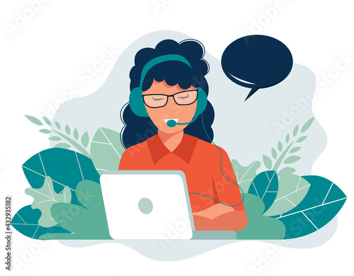 Online assistant landing page. Woman with headphones with computer. Concept illustration for support, assistance, call center. Technical support. Virtual help service. Vector illustration in flat.