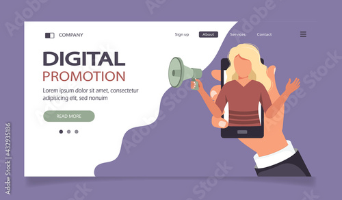 Digital marketing concept. Advertising and promoting. Flat vector illustration. Online marketing specialist. Female character 