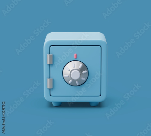 Close Safe box front view on blue pastel background with soft shadows. Simple 3d render illustration.