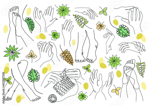 Collection. Silhouettes of human legs, hands and leaves in a modern style. Solid one line drawing, outline for decor, wall posters, stickers, logo. Set of vector illustrations.