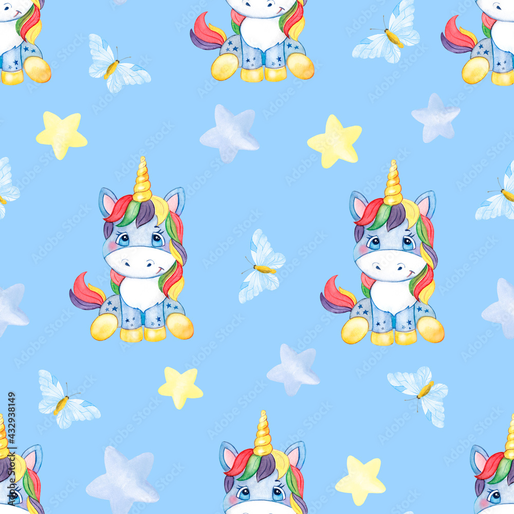 Fototapeta premium Seamless pattern with blue unicorns on a blue background, pattern with unicorns and stars, pattern for baby clothes