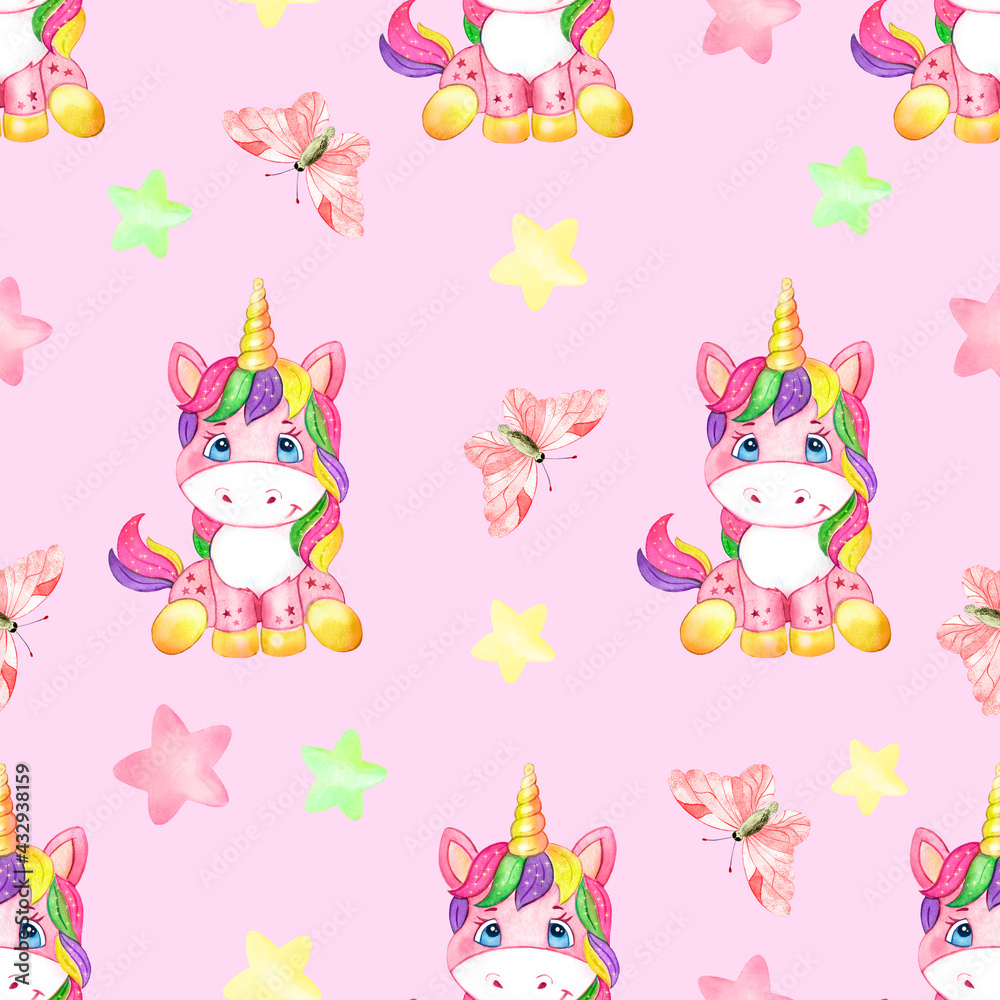 Seamless pattern with pink unicorns on a pink background, pattern with unicorns and stars, pattern for baby clothes Seamless pattern with pink unicorns on a pink background, pattern with unicorns and stars, pattern for baby clothes