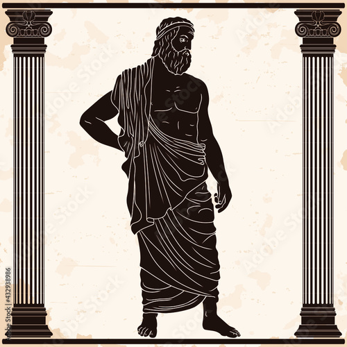 The ancient Greek god Zeus with a beard in a cape stands barefoot.