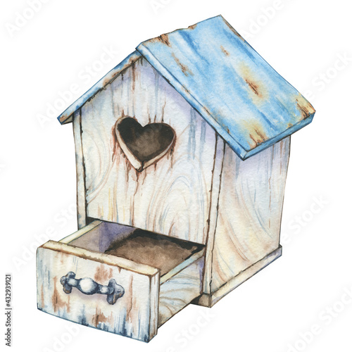 Empty wooden old birdhouse with box and next. Hand drawn watercolor illustration isolated on white background close-up. Greeting card Mother's Day, Birthday, Easter photo