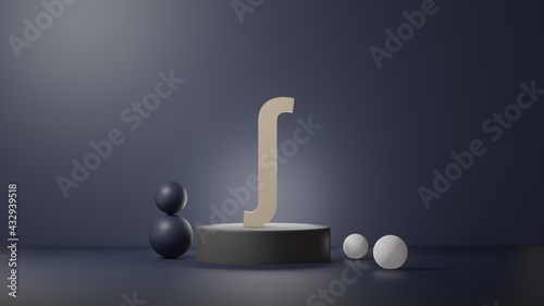 Integral sign in 3D style. 3D Illustration of mathematics symbol in podium and dark blue background photo
