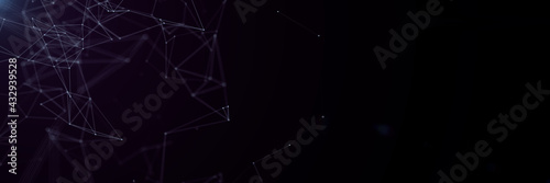 Abstract connected dots and lines on black background. Communication and technology network concept with moving lines and dots. Wide banner