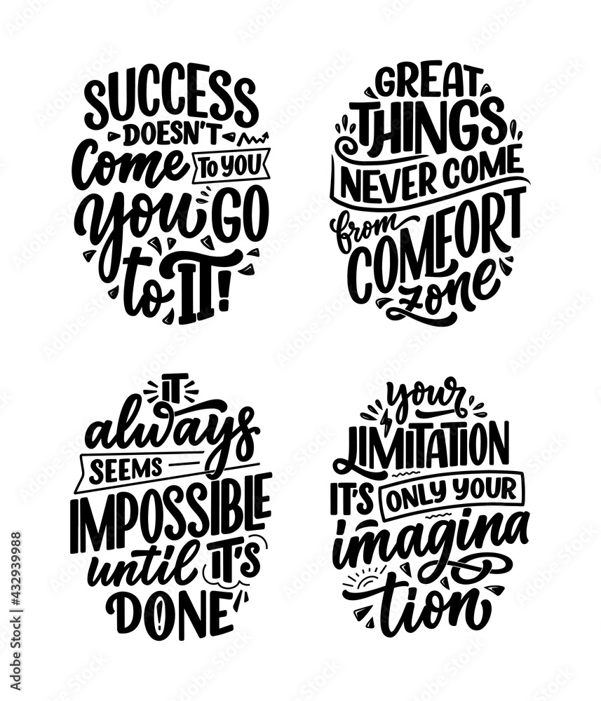 Set with hand drawn lettering quotes in modern calligraphy style about business motivation. Inspiration slogans for print and poster design. Vector