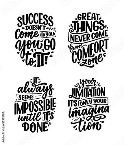 Set with hand drawn lettering quotes in modern calligraphy style about business motivation. Inspiration slogans for print and poster design. Vector