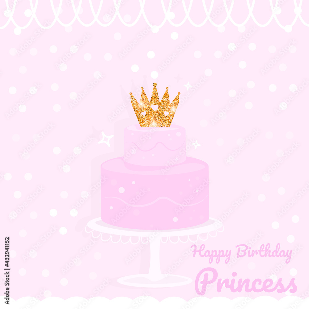 Birthday cake with princess crown on pink background. Birthday card for ...