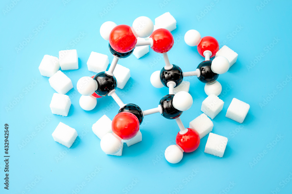 Simple sugars, diabetes awareness and chemical structure of carbohydrates concept with plastic