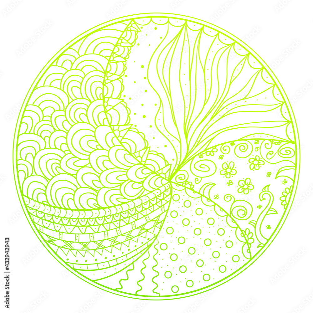 Zendala. Zentangle. Hand drawn circle mandala with abstract patterns on