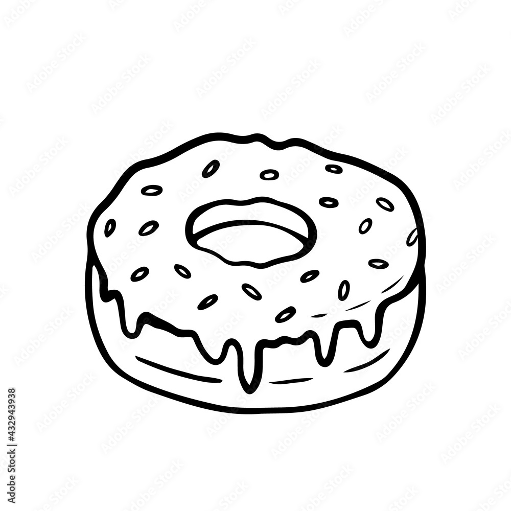 Donut with icing and sprinkles isolated on a white background. Vector hand-drawn illustration in doodle style. Suitable for decorations, cards, menu, packaging. Donut with icing and sprinkles isolated on a white background. Vector hand-drawn illustration in doodle style. Suitable for decorations, cards, menu, packaging.