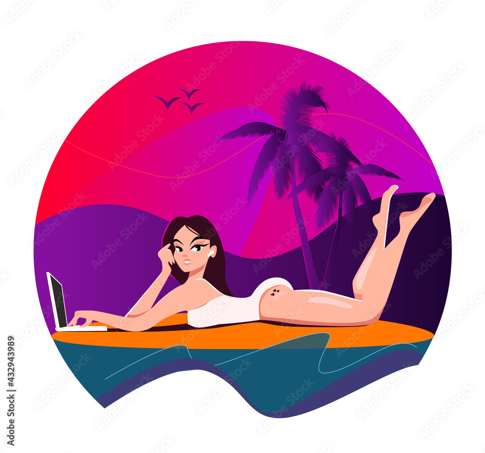 Beautiful woman in white swimsuit is resting on the beach with a laptop. Concept of remote work, recreation, video conferencing. Vector illustration with waves, palms and seagulls.