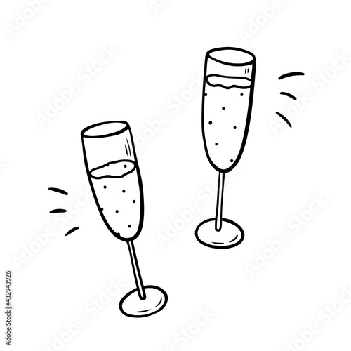 Two clinking glasses with champagne isolated on white background. Cheers, holiday toast. Vector hand-drawn illustration in doodle style. Suitable for cards, decorations, invitations, festive designs.