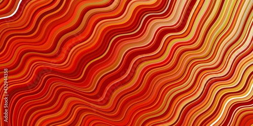 Light Red, Yellow vector backdrop with curved lines.