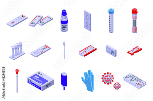 Covid test icons set. Isometric set of covid test vector icons for web design isolated on white background