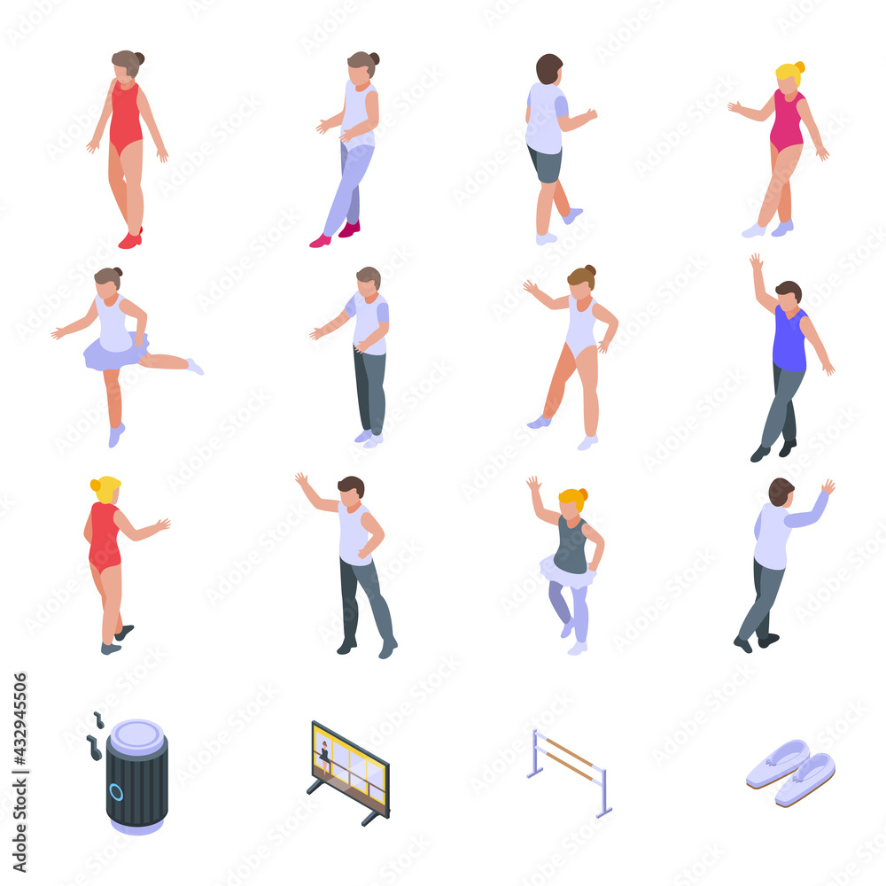 Ballet school icons set. Isometric set of ballet school vector icons for web design isolated on white background