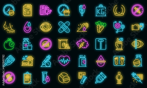 Diabetes icons set. Outline set of diabetes vector icons neon color on black
