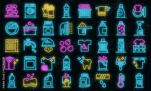 Bleach icons set. Outline set of bleach vector icons neon color on black