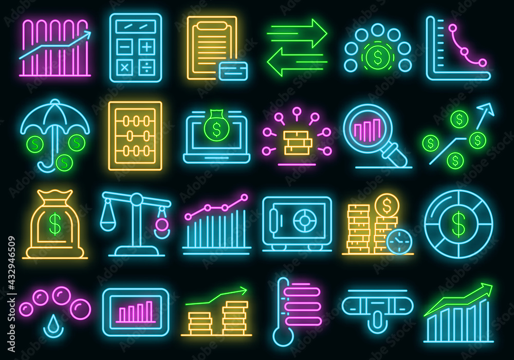 Credit score icons set. Outline set of credit score vector icons neon color on black Credit score icons set. Outline set of credit score vector icons neon color on black