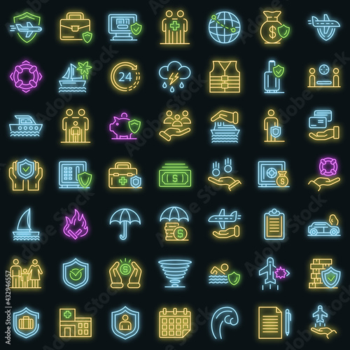 Family travel insurance icons set. Outline set of family travel insurance vector icons neon color on black