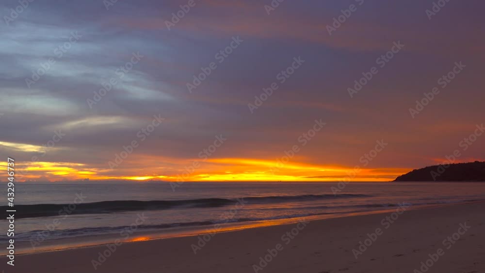 Professional 4K Video. Scene of Sunset on tropical beach sea. New normal after covid-19. Phuket Thailand beautiful tropical beach with a sunset sky. Beautiful Phuket beach in Andaman sea sunset. Professional 4K Video. Scene of Sunset on tropical beach sea. New normal after covid-19. Phuket Thailand beautiful tropical beach with a sunset sky. Beautiful Phuket beach in Andaman sea sunset.