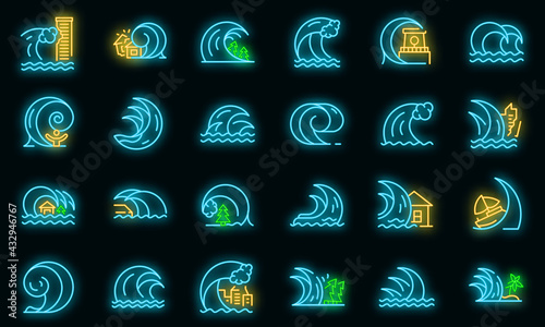 Tsunami icons set. Outline set of tsunami vector icons neon color on black