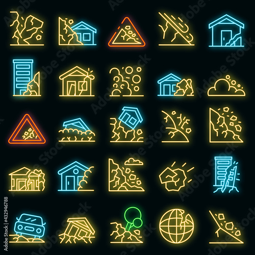 Landslide icons set. Outline set of landslide vector icons neon color on black