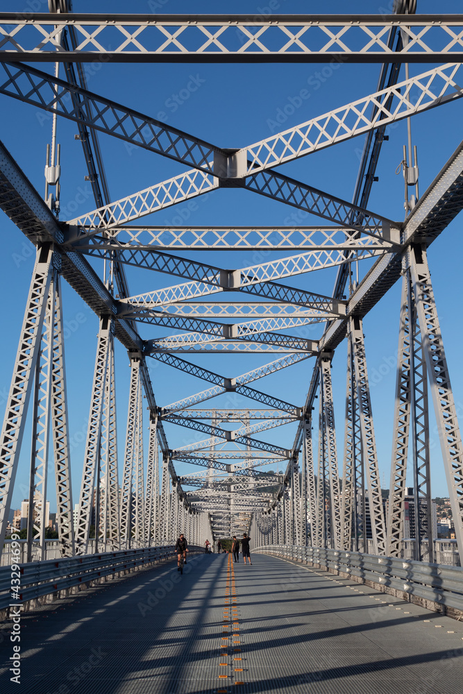 Obraz premium detalhes da linda estrutura da ponte suspensa e o sistema de barras de olhal da Ponte Hercílio Luz, ponte pênsil localizada em Florianópolis, Santa Catarina, Brasil, florianopolis
