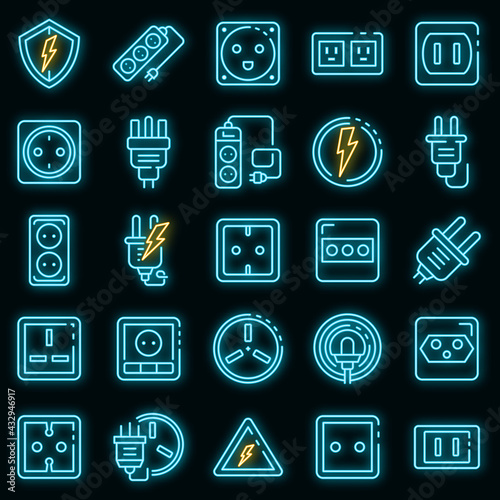 Power socket icons set. Outline set of power socket vector icons neon color on black