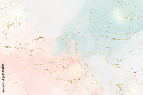 Abstract two colored pink and blue liquid marble background with gold foil textured stripes and glitter dust. Pastel marbled watercolor drawing effect. Vector illustration backdrop with gold splatter