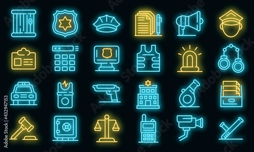 Police station icons set. Outline set of police station vector icons neon color on black