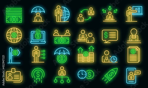 Financial advisor icons set. Outline set of financial advisor vector icons neon color on black