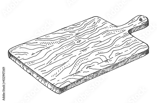 Wood cutting rectangular board. Vintage hatching monochrome black illustration.
